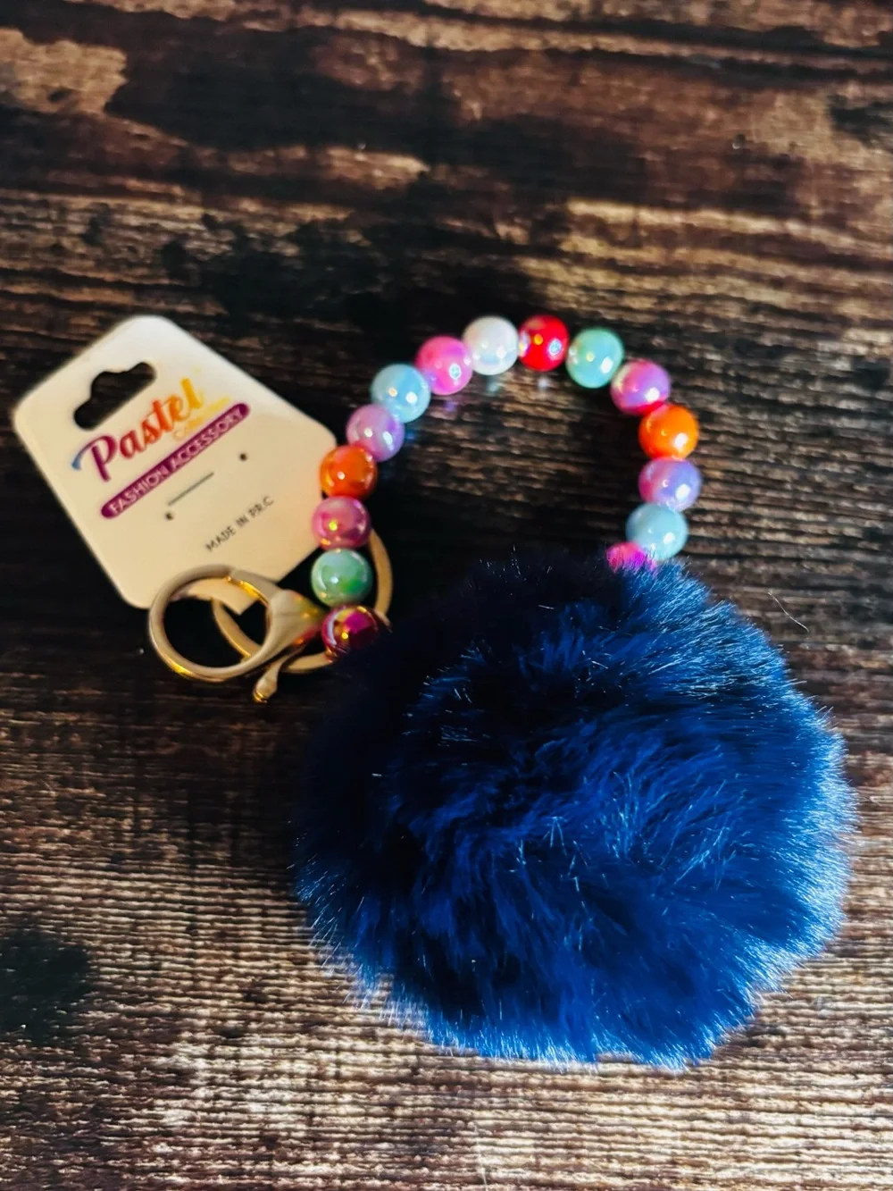 Women's‎ Multicolor Beaded Wrist Keychain with Navy Blue Pom